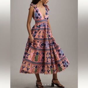 FARM Rio Pink Floral Tiered Maxi Dress with Blue & Green Accents